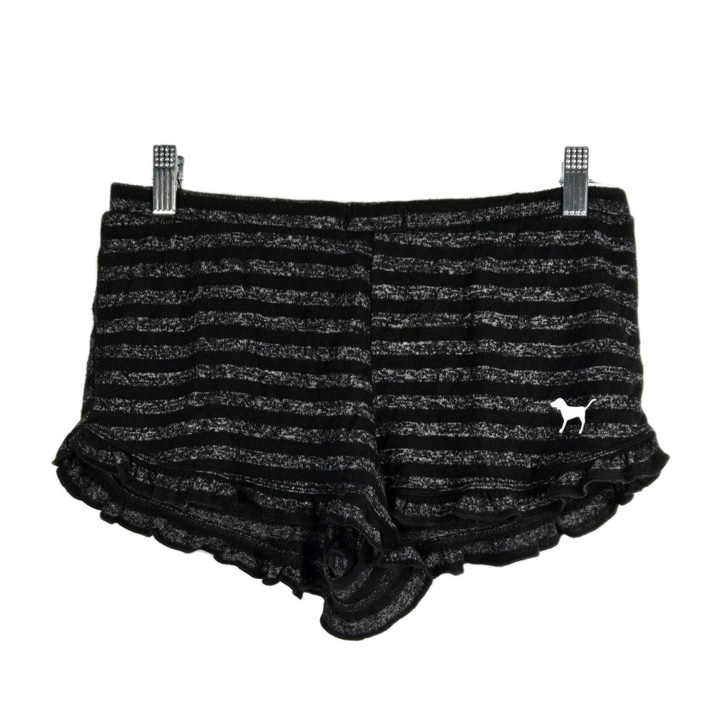 Victoria's Secret PINK ruffle Sleep Shorts Pajamas Size S Gray Stripes‎ Dog Logo